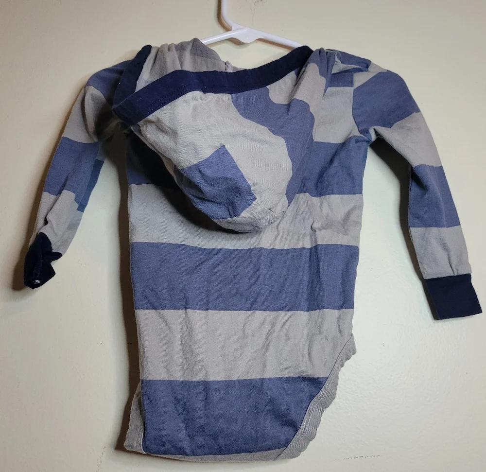 carters hooded blue and gray striped onesie, sz 12m